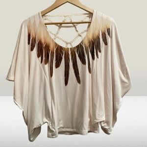 NEW Sky Feather Print Macrame Cage Back Dolman Sleeve Top Cream XS